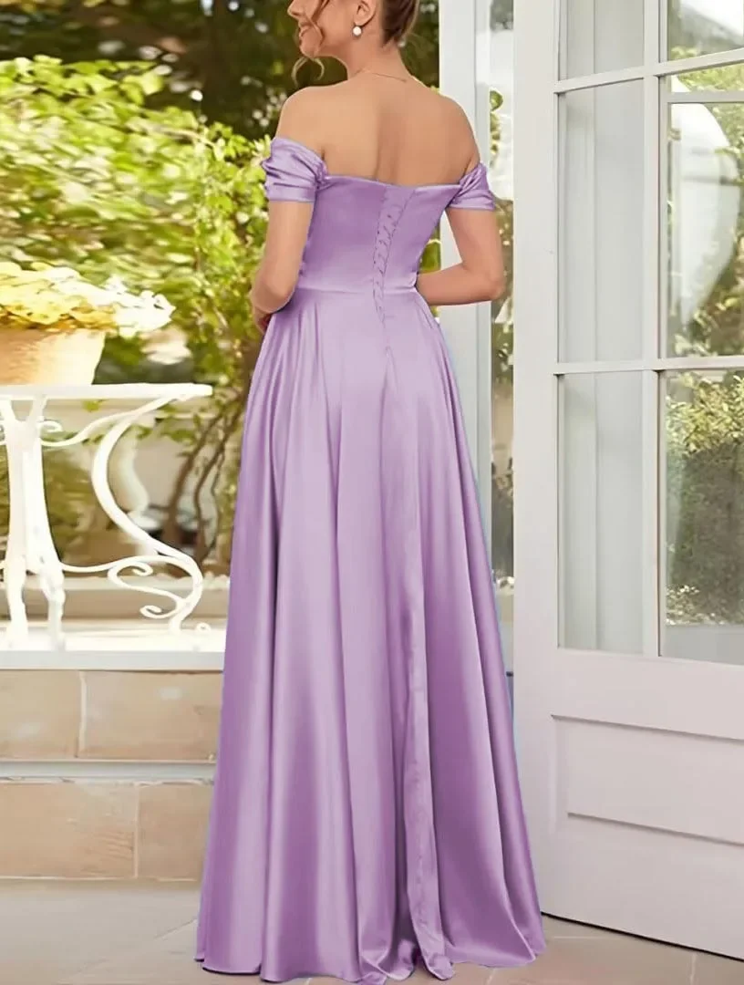 Lilac Silk Off the Shoulder Prom Dresses V-neck Backless Party Formal Evening Gowns Floor-Length Bridesmaid Dresses