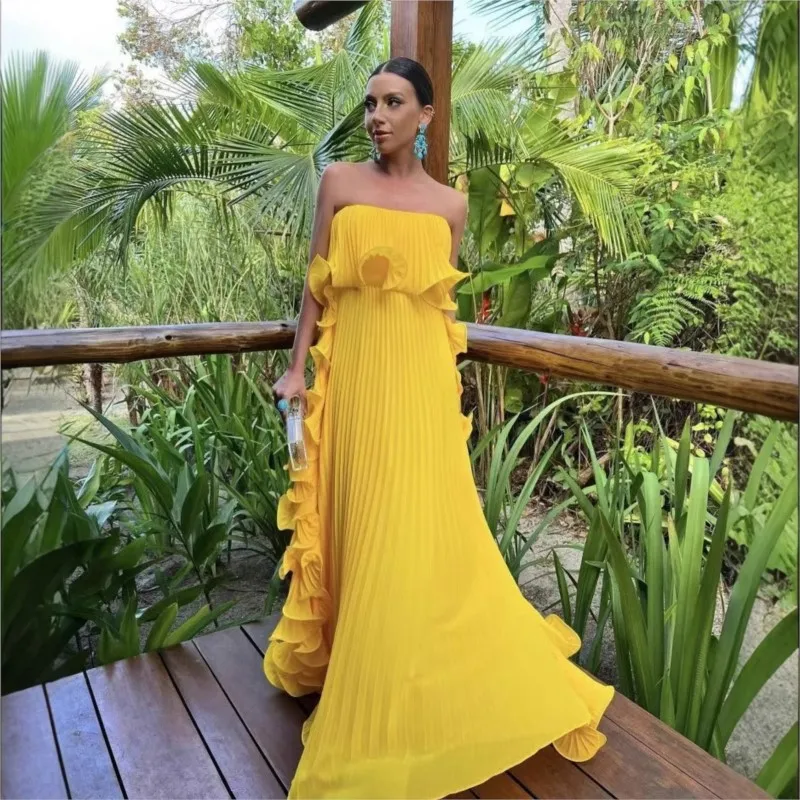 Trendy Women Summer Holiday Dress Orange Pleated Chiffon Long Formal Dresses Custom Made Ruffled Strapless Beach Party Dress image 1