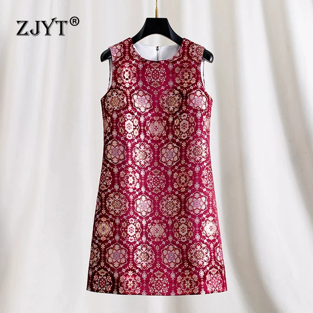 ZJYT Runway Fashion 2026 Spring Summer Dresses for Women Sleeveless O Neck Print Vintage Tank Jacquard Dress Ladies Vestidos image 1