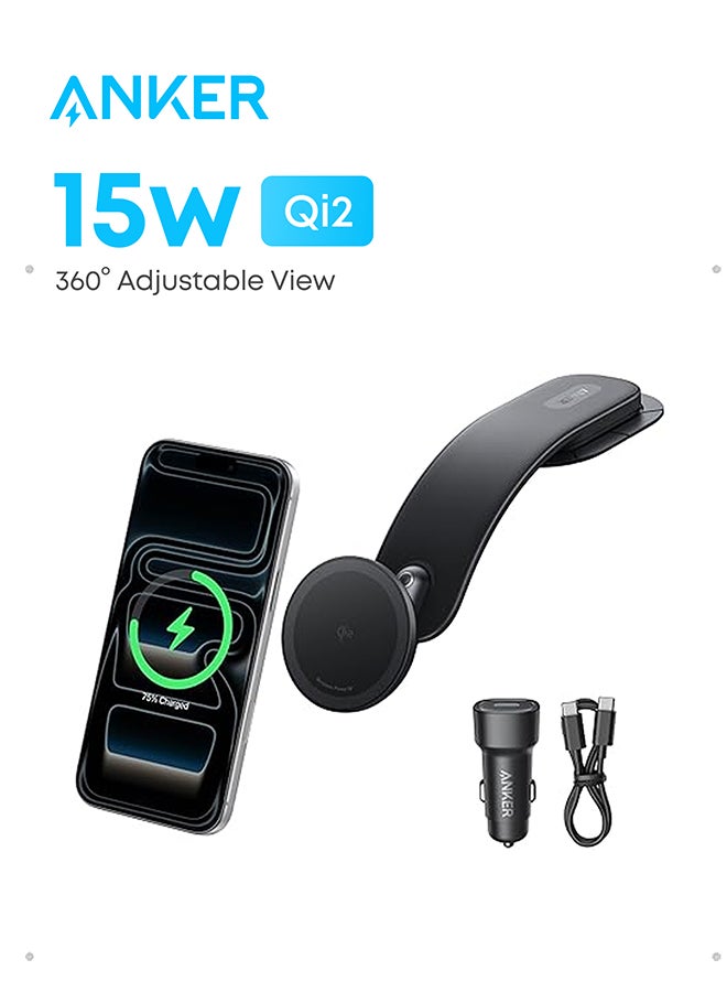 MagGo Wireless Car Charger (Pad), 15W Qi2 Certified Fast Charging Car Adapter with Alloy B Strong Hold, 360° Adjustable View, For iPhone 17/16 /15/14