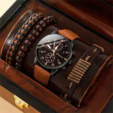 New Men Watch Luxury Bracelet Set Fashion Business Brown Leather Quartz Wrist Watches for Men Gift Set Relogio Masculino image 1