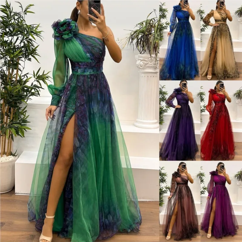 Women's Wedding Dress Spring Autumn New Sexy Off-shoulder Mesh Print Slit Casual Loose Party Prom Dresses For Women Robe Femal image 1