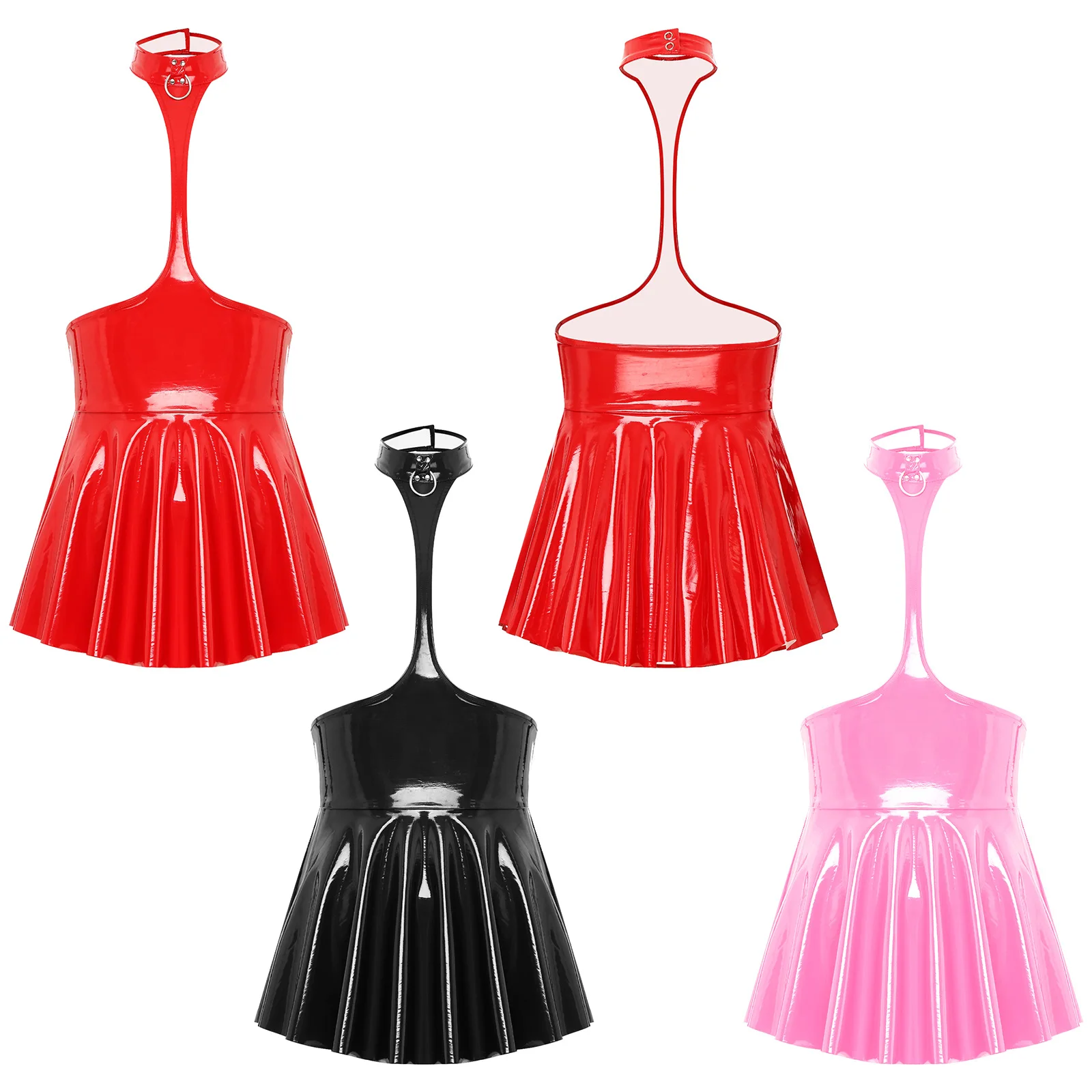Womens Open Chest Halter Mini Dress Wet Look Patent Leather Rave Carnival Party Ruffled Sleeveless Backless Dress Nightclubwear image 1