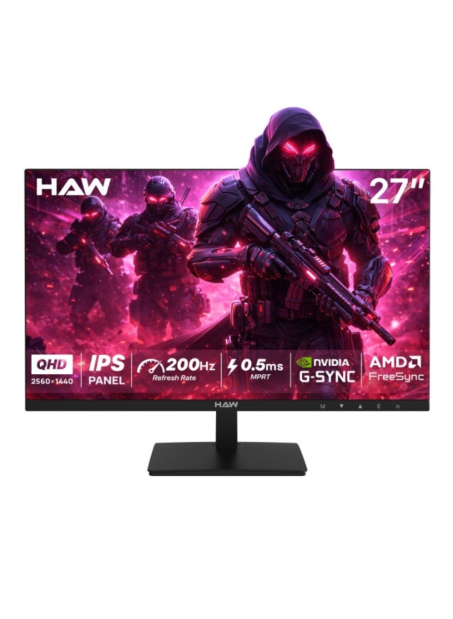 HAW Q27IPY1 27-Inch QHD Gaming Monitor, 2560×1440 IPS Display, 200Hz Refresh Rate, 0.5ms MPRT, HDMI 2.1 Supported, FreeSync & G-Sync Compatible, Built-in Speakers, Flat Screen, PC & Console Ready – Black image 1