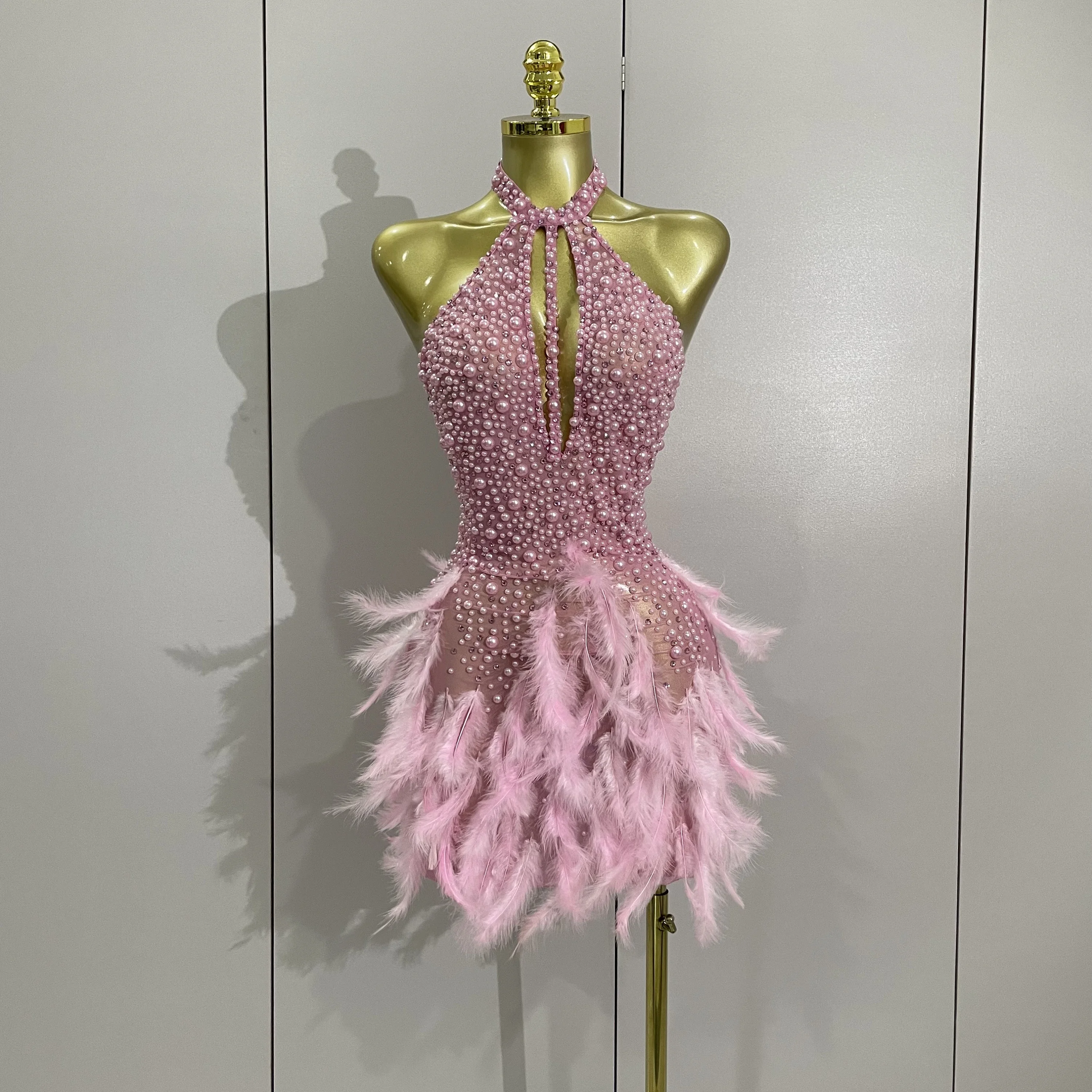 Women Luxury Rhinestones Pearls Feathers Halter Backless Short Dress Women Sexy Celebrate Birthday Dress Nightclub Stage Costume image 1