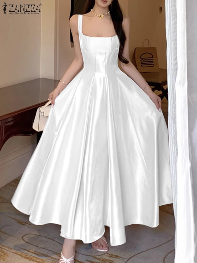 ZANZEA Women's Elegant White Satin Long Dresses Wedding Guest Cocktail Evening Party Dress Square Neck Sleeveless Woman Clothes image 1