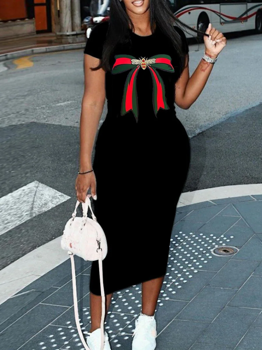 Summer heart-shaped print short sleeved women's sexy dress Casual Round Neck Pullover Dress Solid Color image 1