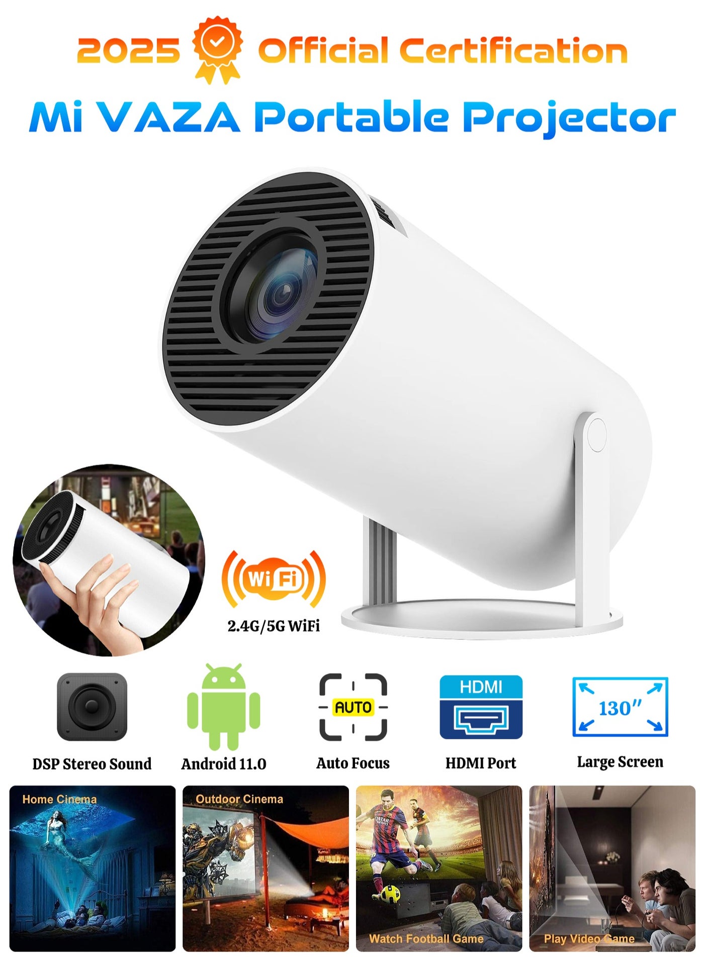Portable Projector Pocket 5G WIFI Android11.0 Support 130 Inches Home Theater Full HD for Indoor Outdoor Home Birthday Gift Compatible with TV Stick/HDMI/USB/PS5/iOS/PS4 image 1