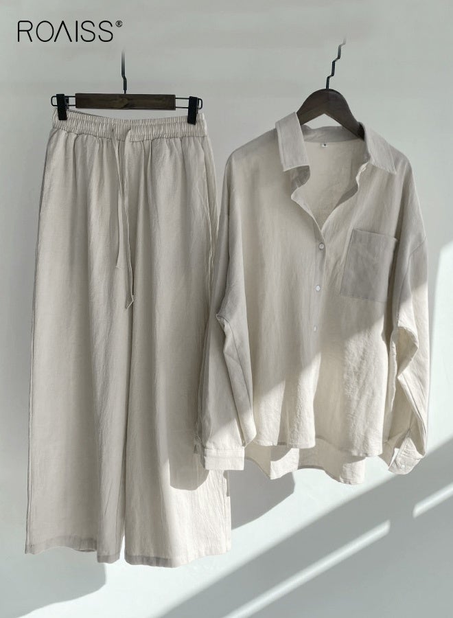 Ladies 2 Piece Set New Trend Fashion Classic Solid Color Cotton Linen Shirt Suit Summer Spring Plus Size Clothes for Women Breathable and Cool Long-Sl