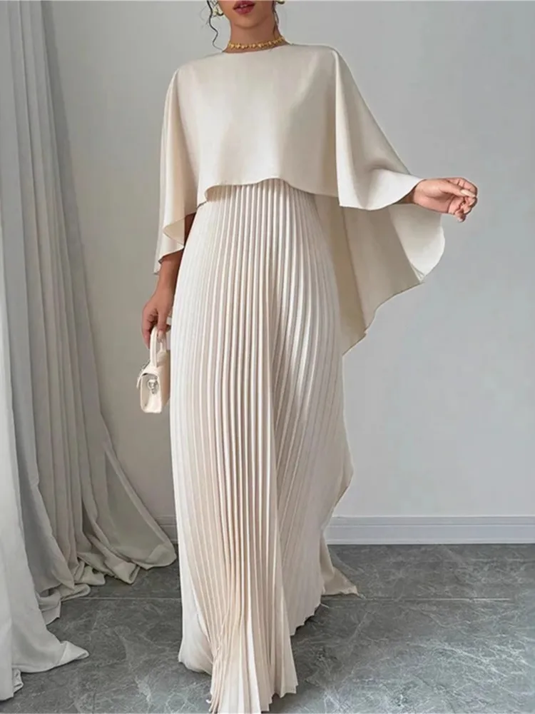 2025 New Women's Spring Summer Fashion Loose Bat Sleeve Curling Irregular Elegant Seven Inch Sleeve Long Dress