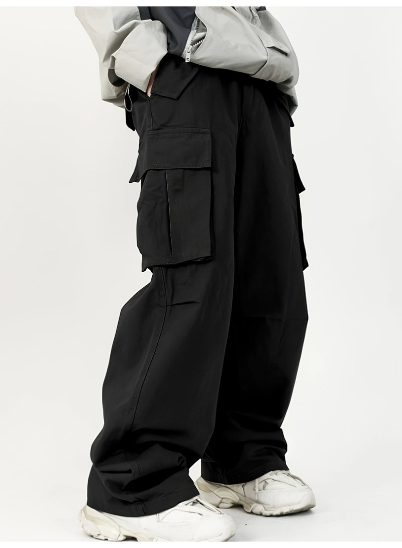Men's Black Oversized Cargo Pants Button Fly Multi Pocket Wide Leg Streetwear Trousers image 1