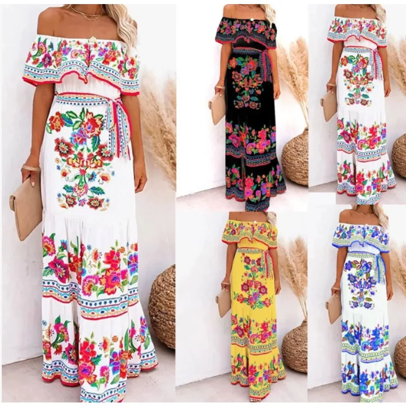 Mexican Tradtional Ethnic Mexican Summer Floral Print Off Shoulder Women Mexican Dress image 1