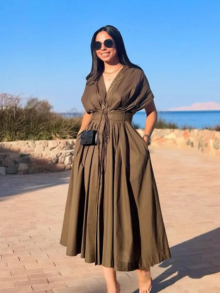 HH Female Summer Elegant Long Dress Solid V-Neck Short Sleeve Bow Lace-Up Single-Breasted Women's Fashion Casual Dress