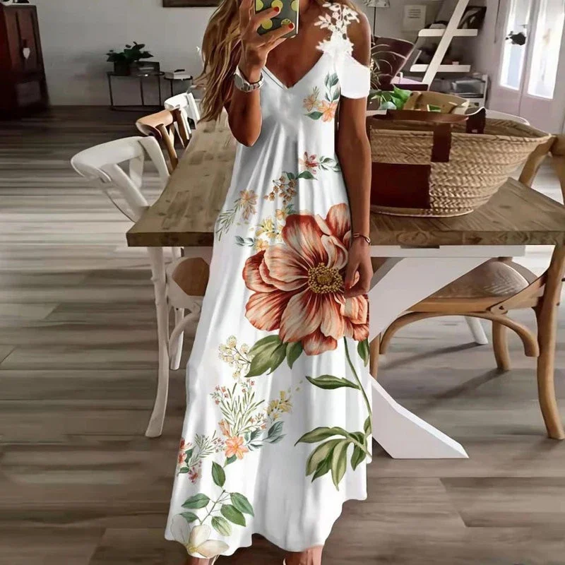 Women's Printed White Lace Sleeveless Suspender Dress Summer Fashion Casual Long Dress image 1
