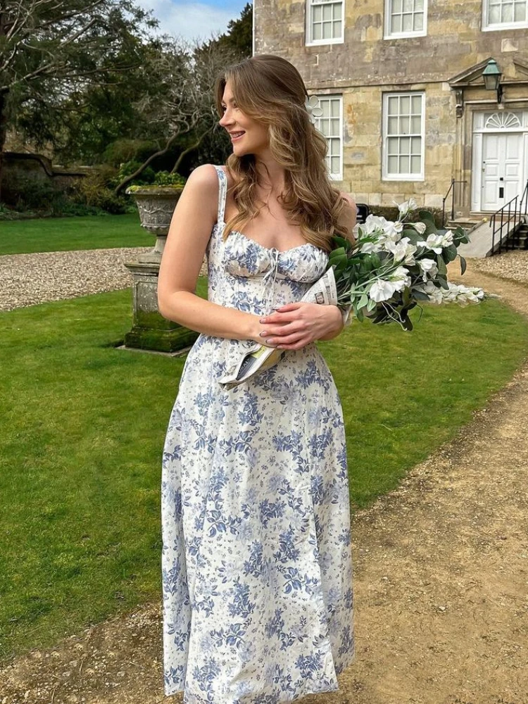 Vintage Floral Print Corset Sundress Midi Milkmaid Dresses Women's Sexy A-line Bandage Sun Dress 2025 Summer Yellow White Blue image 1