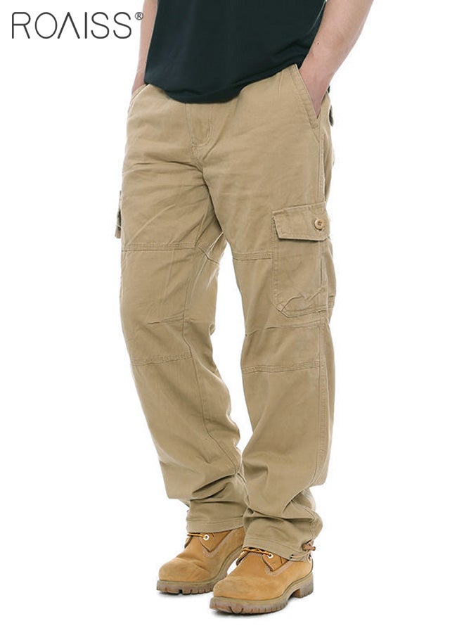 Casual Work Pants for Men's Daily Commuting Wear Resistant Multi Pocket Straight Leg Pants Comfortable and Breathable Cargo Pants for Everyday Casual Wear Loose Pleated Design Zipper Closure Khaki image 1