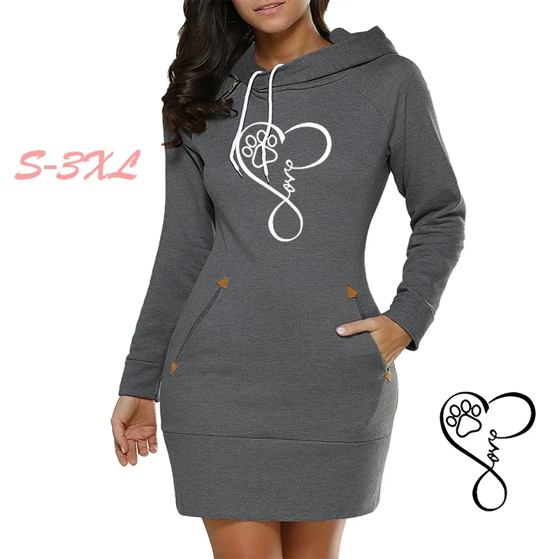 Womens Dress Neck Side Zipper Long Sleeve Hooded Sports Skirt Casual Printing Knee-Length Dress European Style Streetwear S-3XL image 1