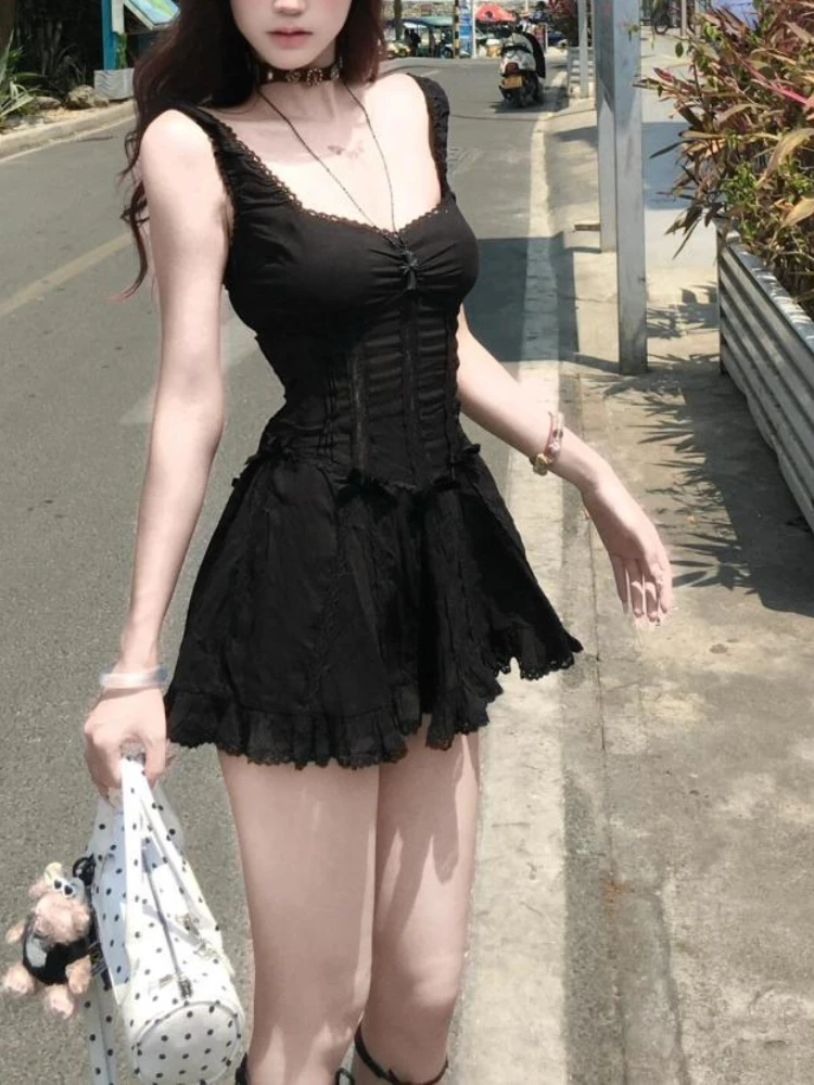 Aesthetic Hot Girl Patchwork Lace Sling Dress Women Summer Gothic Bow Slim Black Dresses Female Design Chic Skinny Y2k Clothing