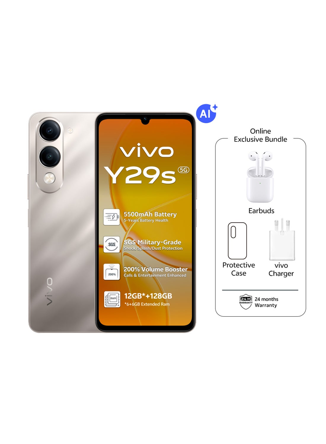 Y29s AI 5G Titanium Gold 6GB RAM 128GB With Exclusive TWS (Charger and Case Inside Phone Box) - Middle East Version image 1