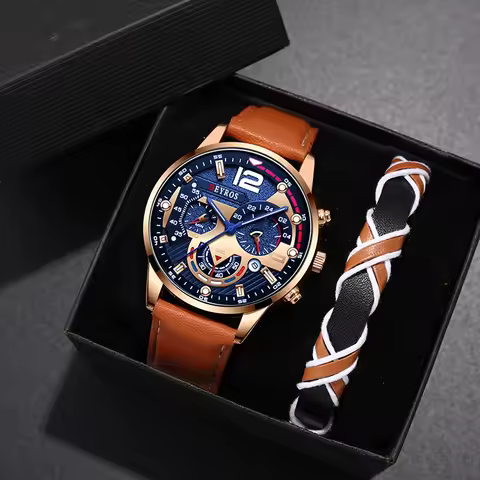 2PCS Set Fashion Mens Calendar Watches Luxury Male Business Casual Brown Leather Quartz Watch Men Bracelet Wrist Watch image 1