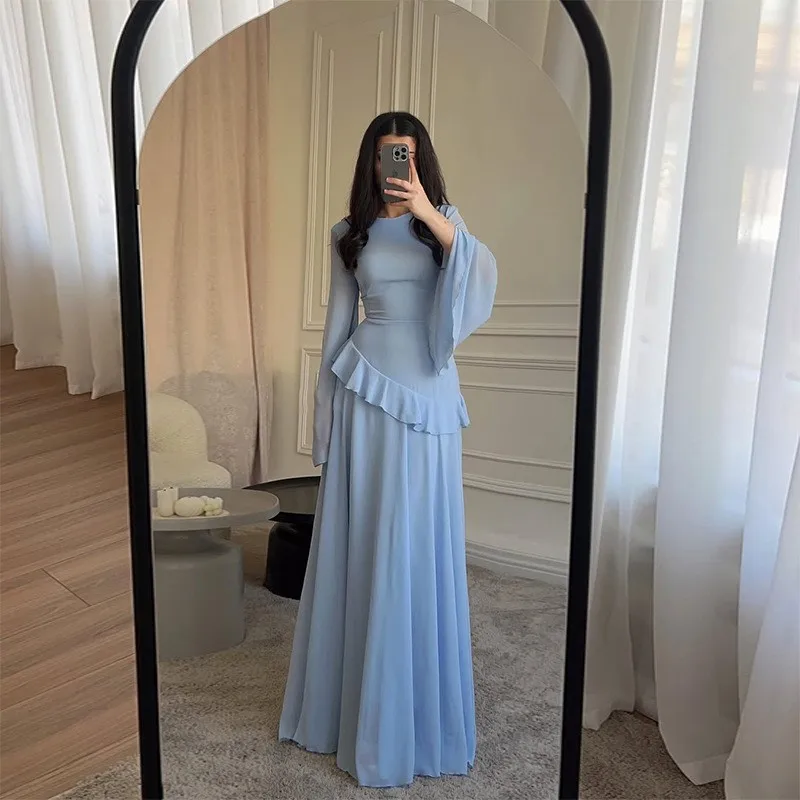 Women Chiffon Solid Ruffled Dress Flare Sleeve Round Neck 2025 New Elegant Maxi Gown Evening Party Fashion Holiday Lady image 1
