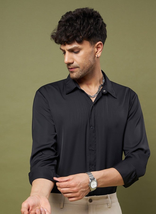 Black Satin Relaxed Fit Shirt for Men image 1