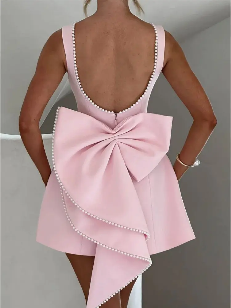 Elegant Backless Pearl Bow Short Dress Women A-line Party Short Dresses White Black Pink Wedding Guest 2025 Summer Robe New In