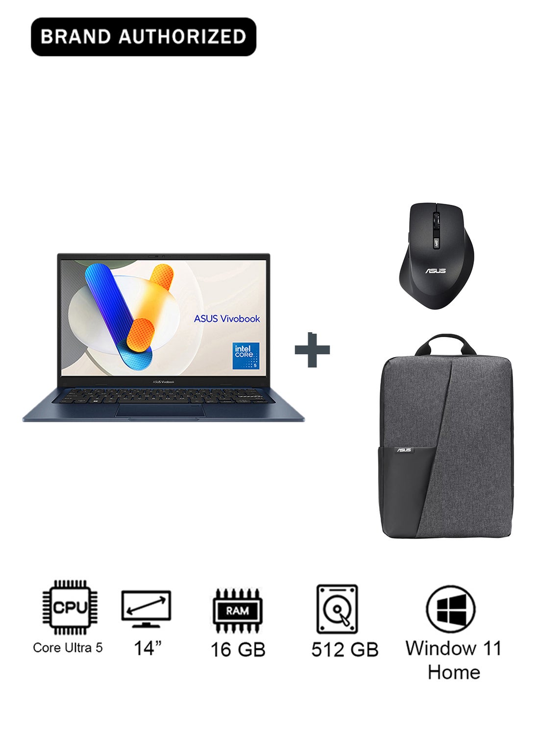 Vivobook 14 Laptop With 14-Inch Display, Core 5 120U Processor/16GB RAM/512GB SSD/Intel UHD Graphics/Windows 11 Home With bag And Mouse English blue image 1