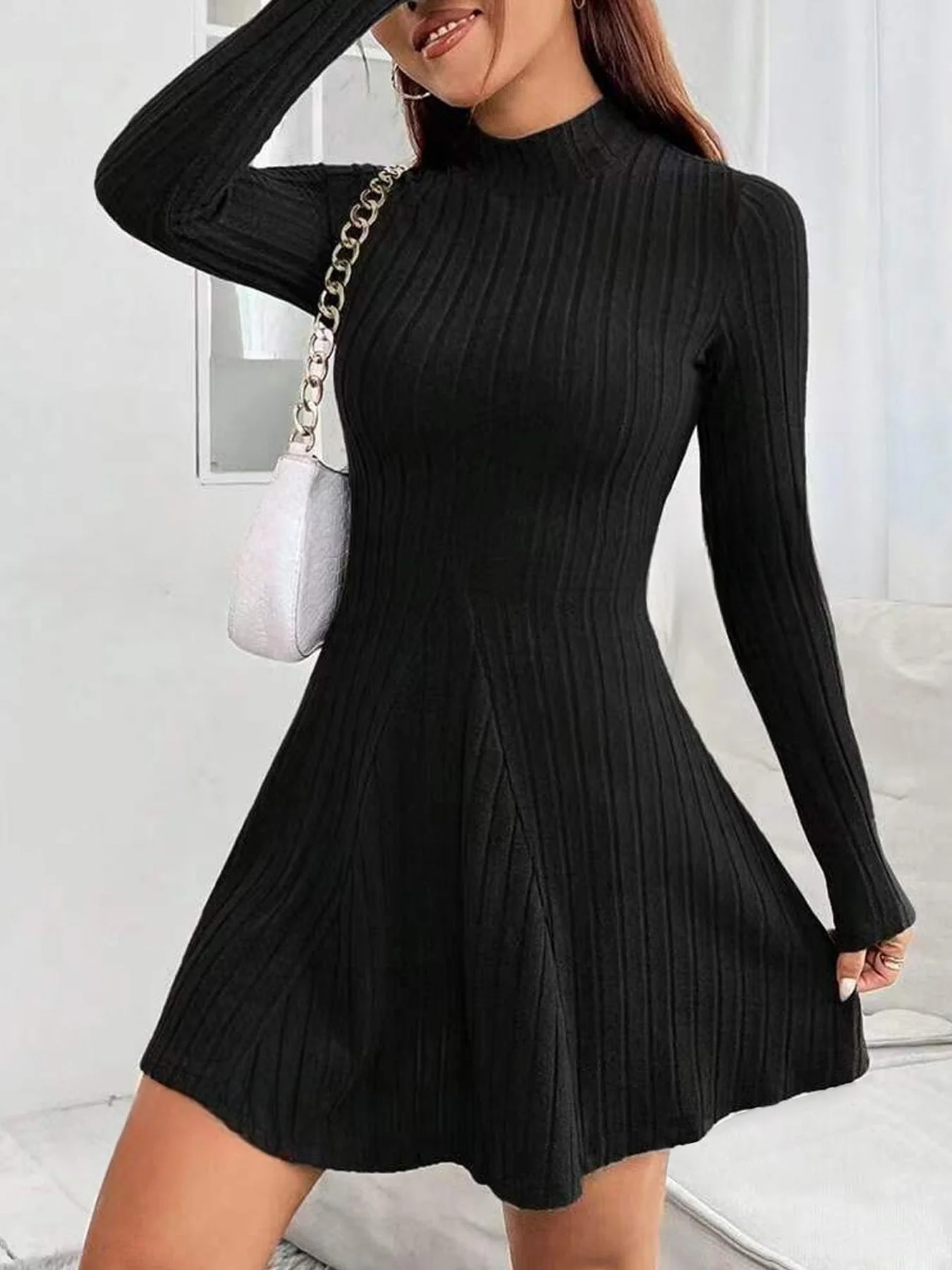 Women's slim fit half high collar waist cinched A-line skirt long sleeved pit stripe dress image 1