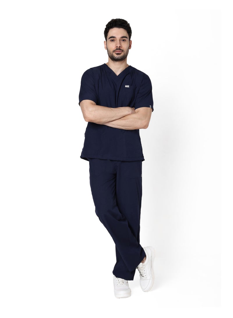 KNYA Active Men's 5-Pocket Scrub Suit | Set of Top & Bottom | Half Sleeves | V Neck | Breathable Fabric | Comfortable | Durable | Uniform for Doctors, Nurses and Dentists, Navy Blue image 1