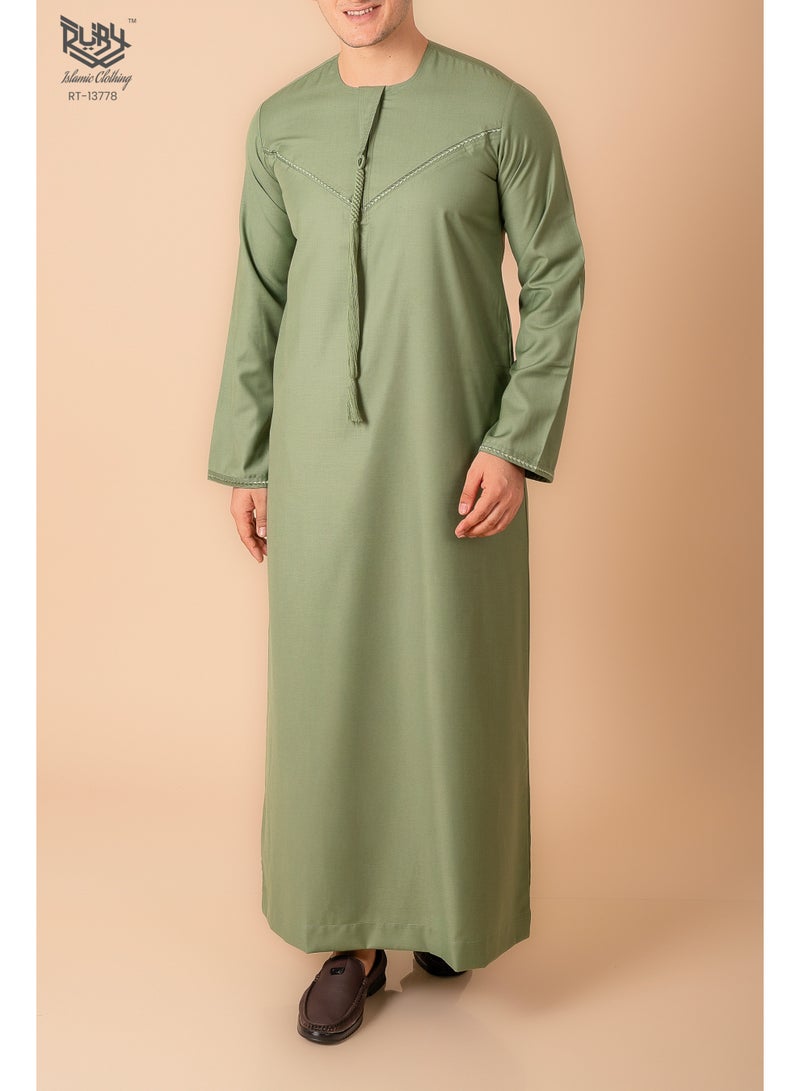 Classic Sage Green Emirati Kandura Thobe for Men with Zipper & Intricate Embroidery Men's Kaftan Round Neck Long Sleeve Saudi Arabian Muslin Robe image 1