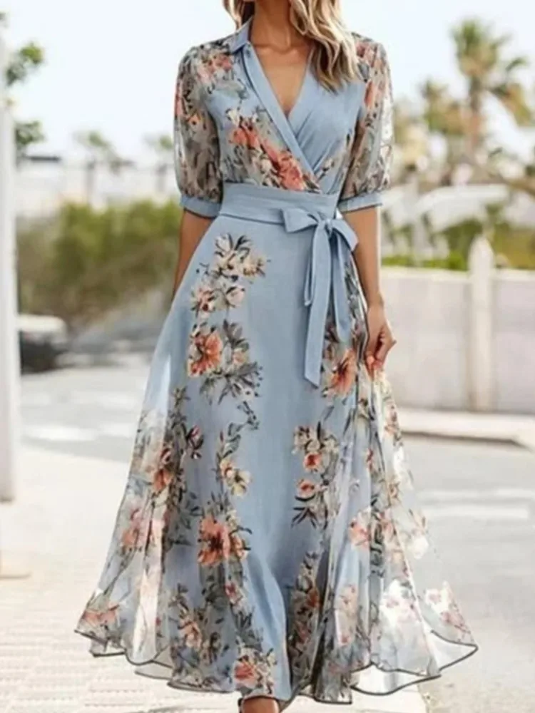 Elegant Print Dress Women Fashion Short Sleeve V Neck High Waist Lace-Up Loose Dresses Robe Femme Casual Office Holiday Clothes