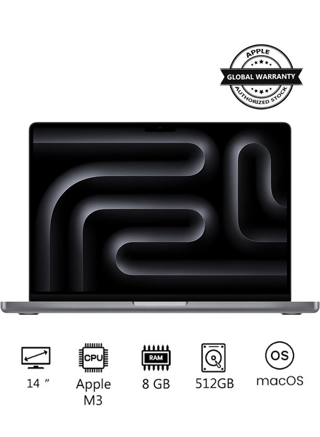 Macbook Pro MTL73 | 14 Inch Display | Apple M3 Chip | 8-Core CPU and 10-Core GPU | 8GB RAM | 512GB SSD | macOS | English Keyboard | International Version | Space Grey image 1