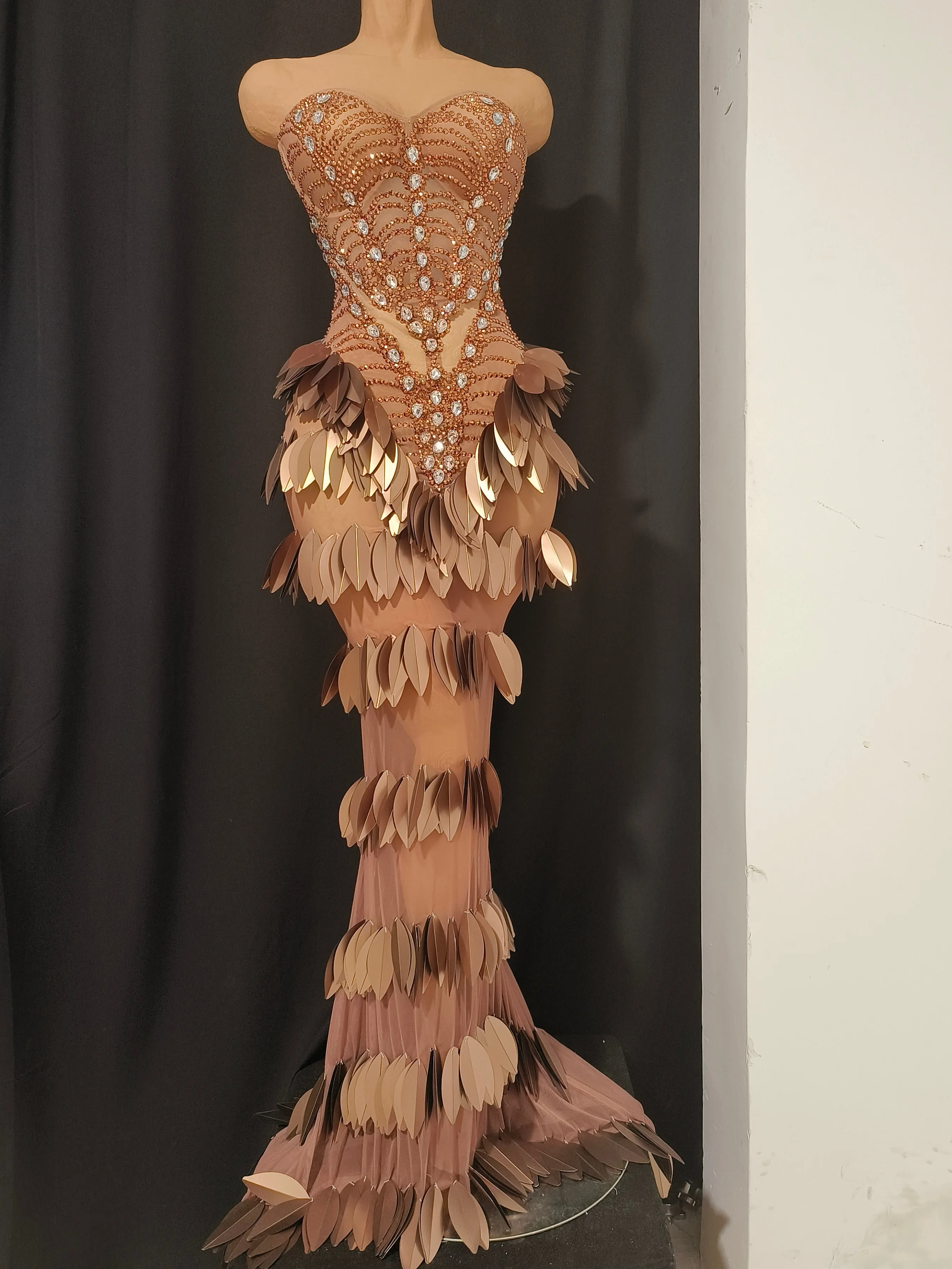 Sexy Sparkly Diamonds Leaf Strapless Mesh See Through Long Dress Birthday Evening Celebrate Party Nightclub Bar Show Stage Wear image 1