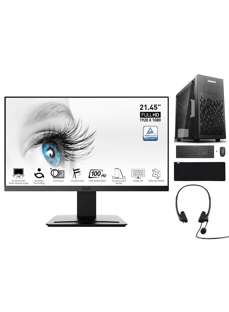 Trading Monitor Bundle - 22 inch PRO MP223 FHD Monitor - 1920 X 1080 VESA Mountable, Display Kit Support, Tilt-Adjustable - HDMI 1.4b, D-Sub + NANOTECH Office Desktop PC + Intel Core i5-12400F, DDR5 16GB Ram, 1TB NVMe M.2 SSD, GT730 2GB Graphics Card, Air Cooler, Windows 11 Pro, Wi-Fi + HP Wireless Keyboard & Mouse, HP USB Headset, Mousepad Black image 1