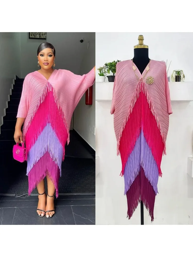 Miyake Tassel Patchwok Color Block Dress for Women Pleated Batwing Sleeve Mid-calf Dresses Fashion Female 2025 Summer