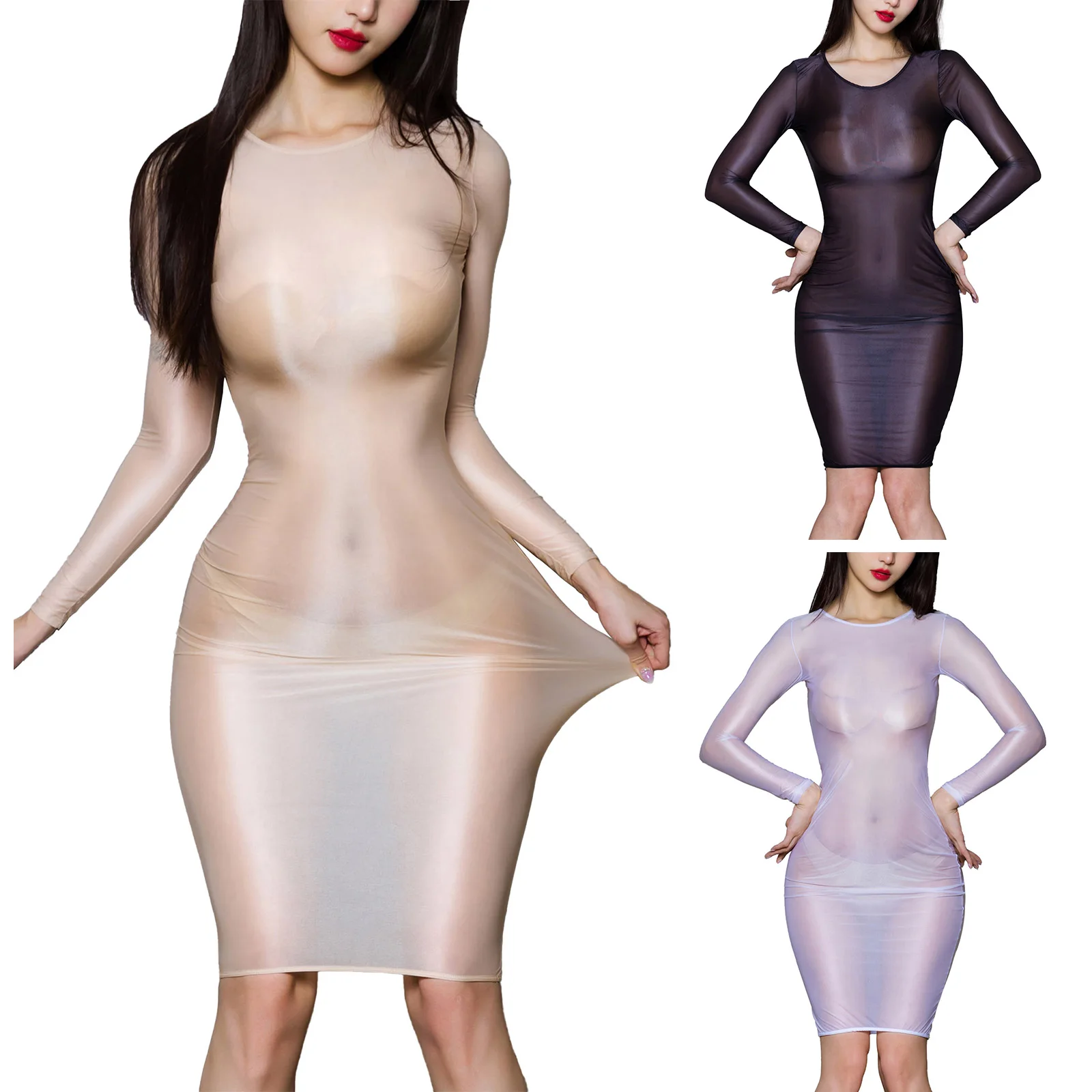 Women Sheer See-Through Bodycon Dress Glossy Long Sleeve High Stretch Skinny Mini Dress Tempting Lingerie Club Rave Party Wear image 1