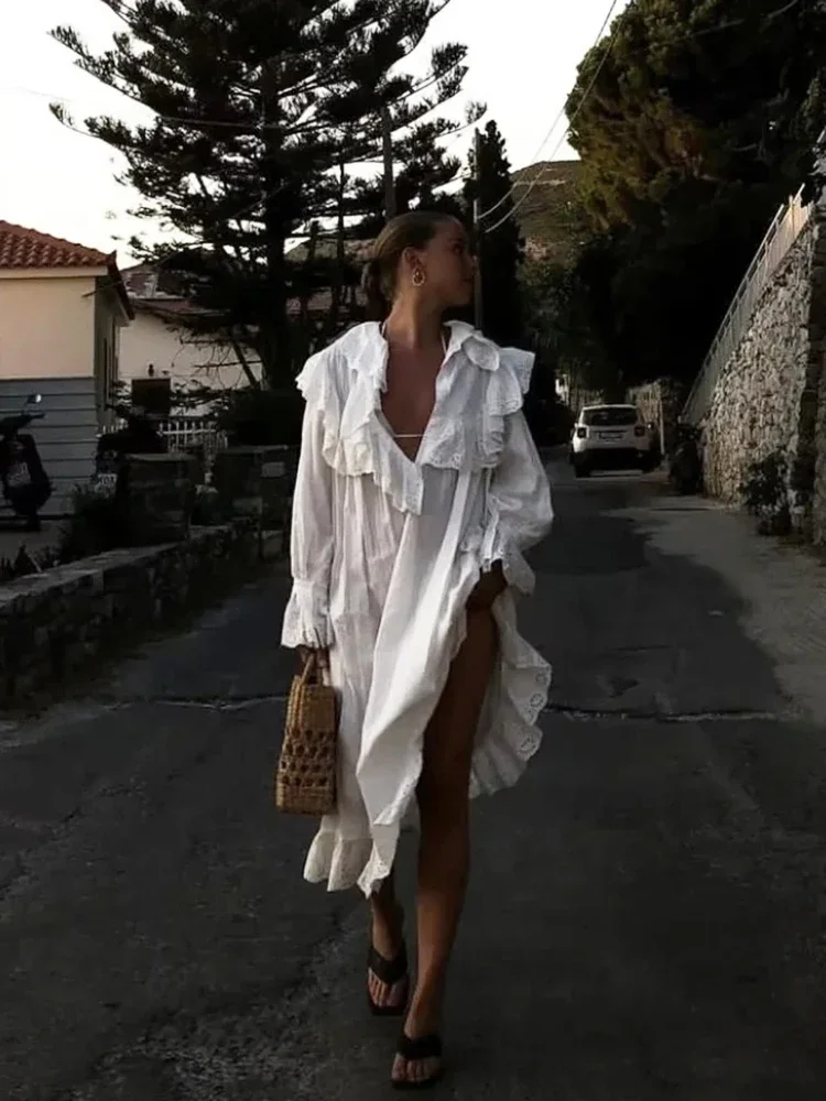 Gypsylady Elegant Chic Lace Maxi Dress White Cotton Autumn Spring Long Sleeve Women Dresses Loose Hollow Out Holiday Vestidos