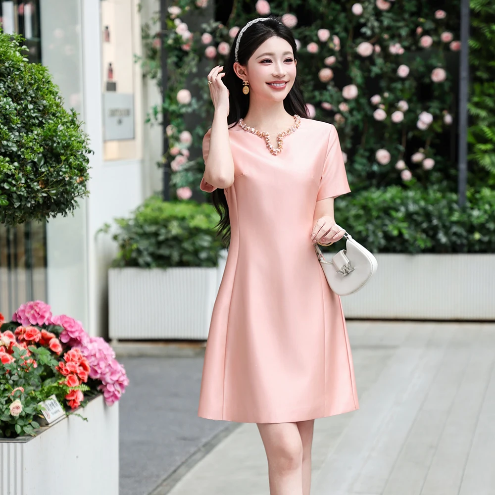 ZJYT Runway Fashion 2026 Spring Summer Dresses for Women Elegant Short Sleeve Beading Solid Pink Black Casual Party Dress Lady image 1