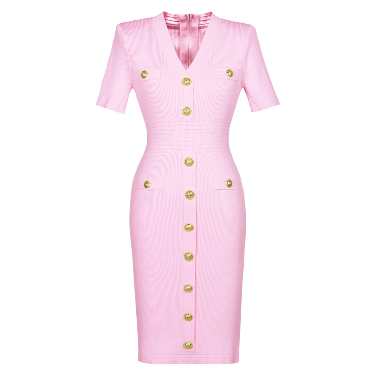 2025 Spring/Summer New Fashion Knitted Elastic Short Sleeve Solid Color Gold Button Slimming Style Commuter Women's Dress