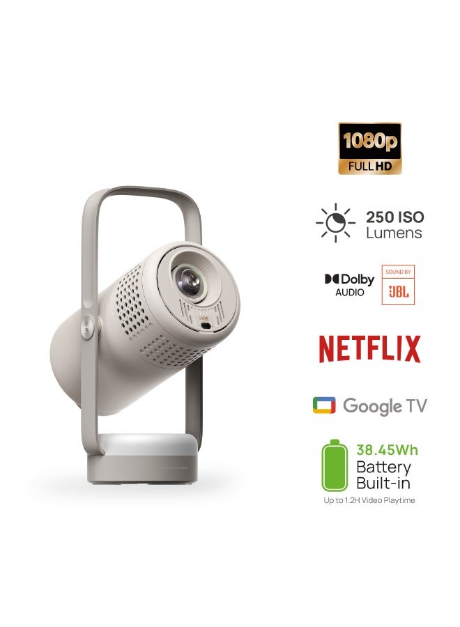 Vibe One Mini 1080P Smart Portable Projector | Google TV with Licensed Netflix, Sound by JBL, Built-in Battery, Auto Focus Auto Keystone, HD Projector for Home & Outdoor - Cloud Ash image 1