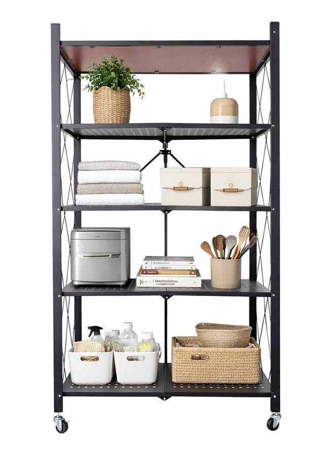 Kitchen Storage Rack and Heavy Duty Metal Shelving Unit on Rolling Cart for Kitchen, Garage, Basement, 4-Tier Thick Foldable Storage Shelves with Whee