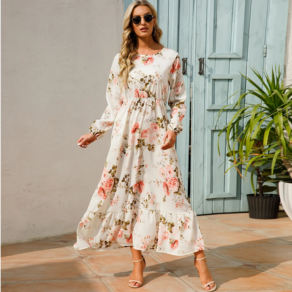 Women Maxi Dresses Sping Autumn Bohemian Casual Full Sleeve High Waist Beach Woman Chiffon Dresses Floral Vestidoes Long Dress image 1