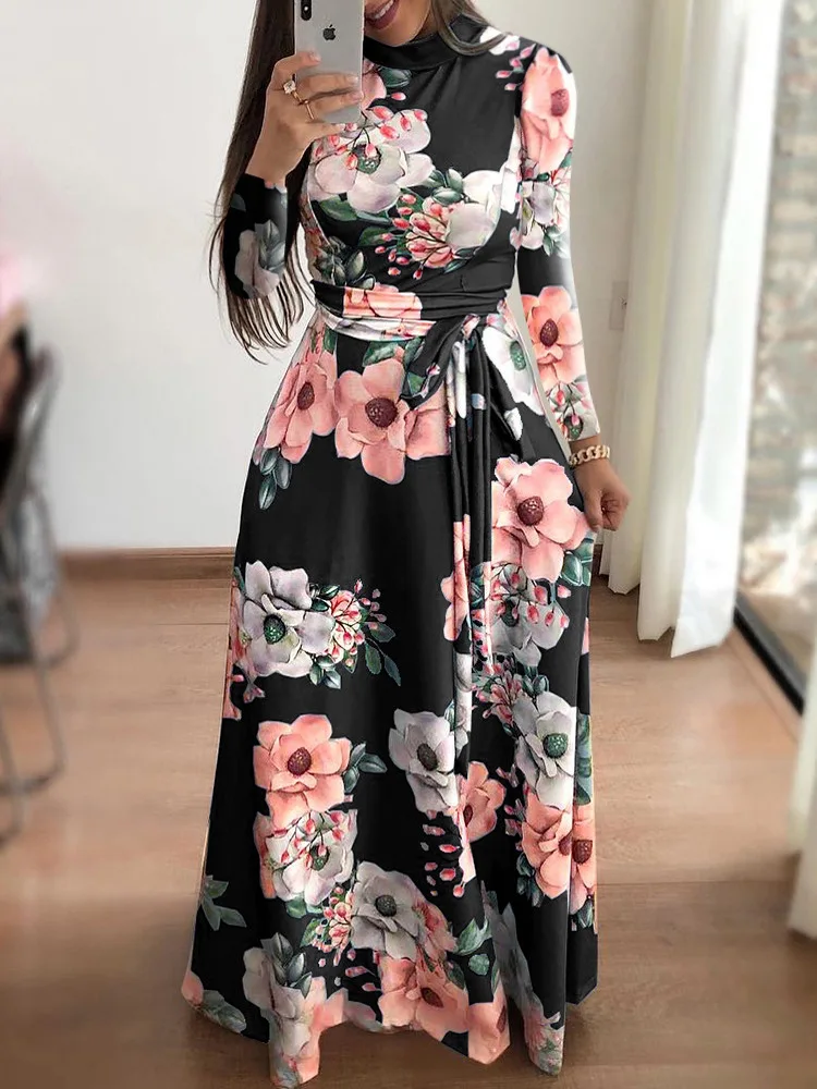 Women's Slim Dresses Casual Long Sleeve Round Neck Flower Printed Dress Strap Floor-Length Long Skirt Women's Clothing image 1
