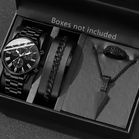 4PCS Black Men's Watch Set Business Trend Fashion Roman Digital Scale Dial Quartz Watch Bracelet Necklace Ring Set Perfect Gift image 1