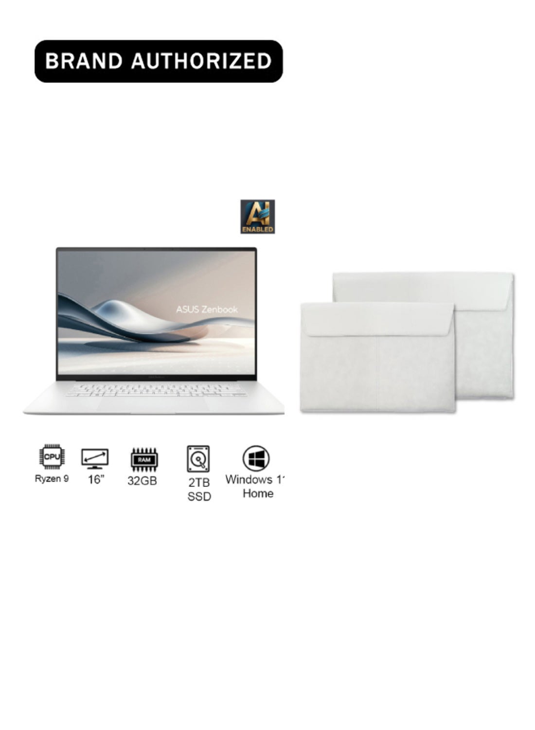 Zenbook S 16 OLED AI Laptop With 16 Inch (2880x1800) Display, AMD Ryzen AI R9-HX370 Processor/32GB RAM/2TB SSD/Intel UHD Graphics/Windows 11 Home With Copilot Keyboard+ Free Sleeve English/Arabic Scandinavian White image 1