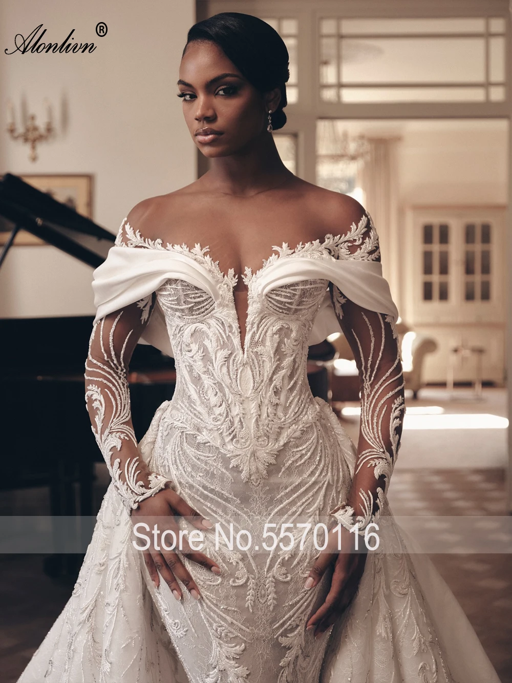 Alonlivn Custom Made Luxury Lace 2 In 1 Mermaid Wedding Dress Beading Embroidery Illusion Neck Trumpet Bridal Gowns