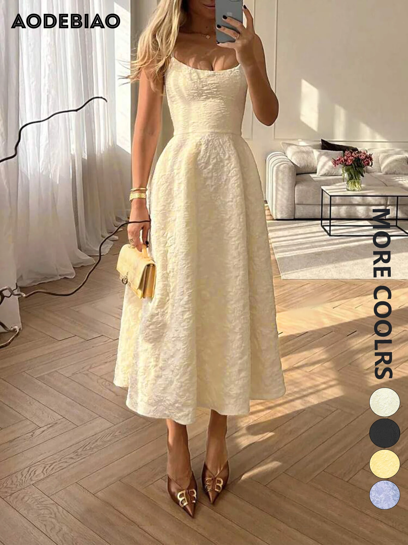 AODEBIAO Women Summer A-line Dress Sleeveless O-neck Solid Maxi Dresses Fashion Backless Casual Elegant Party Strap Dress Female