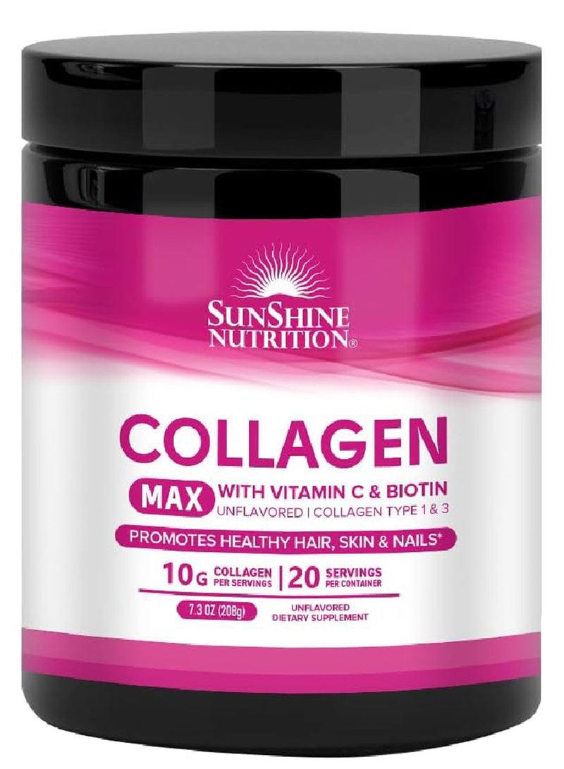 Collagen Max Infused With Vitamin C And Biotin Dietary Supplement Unflavoured Collagen Type 1 And 3 Promotes Healthy Hair, Skin And Nails 10G Collagen