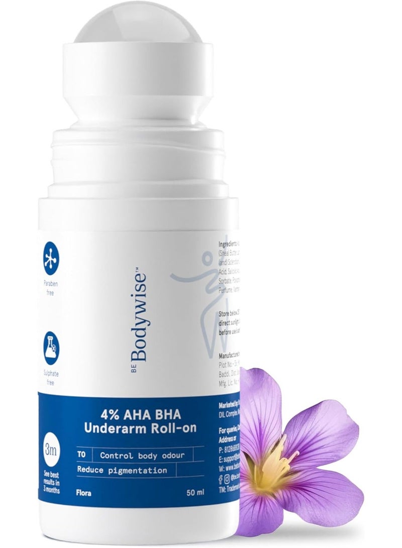 Be Bodywise 4% AHA BHA Underarm Roll on | With 2% Lactic Acid, 1% Mandelic Acid, 1% Salicylic Acid | Prevents Odour, Reduces Pigmentation | For Radiant Underarms | Suitable For Sensitive Skin | Flora 50ml image 1